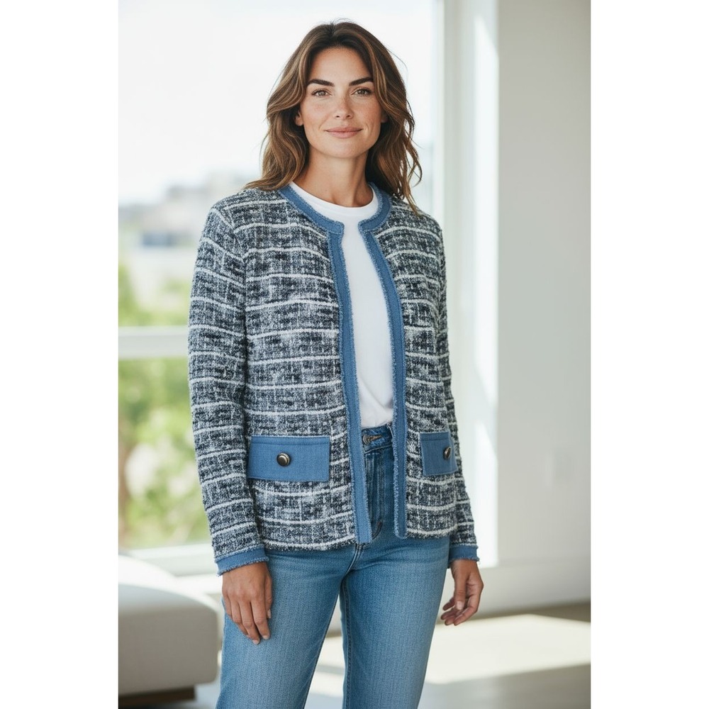 NEW Sioni size Med  tweed Knit  Cardigan‎ Jacket light Blue Career Academy